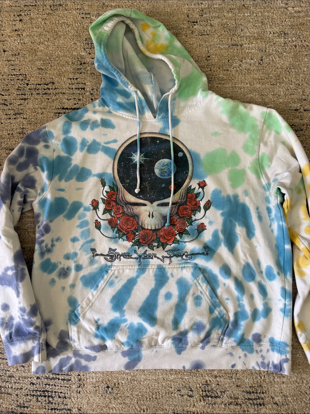 Grateful Dead Tie-Dye Skull & Roses Hoodie - Blue Green Purple Yellow size S/M